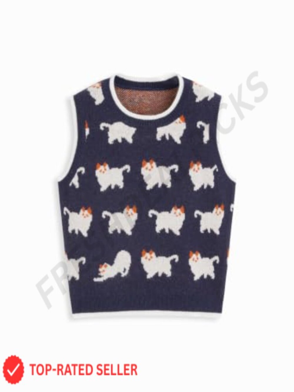 Cat Print Cropped Knit Sweater Vest Sleeveless Crew Neck Layering Top
